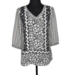 Old Navy Black White Floral Print Tunic Top Size XS 3/4 Sleeve Blouse Career
